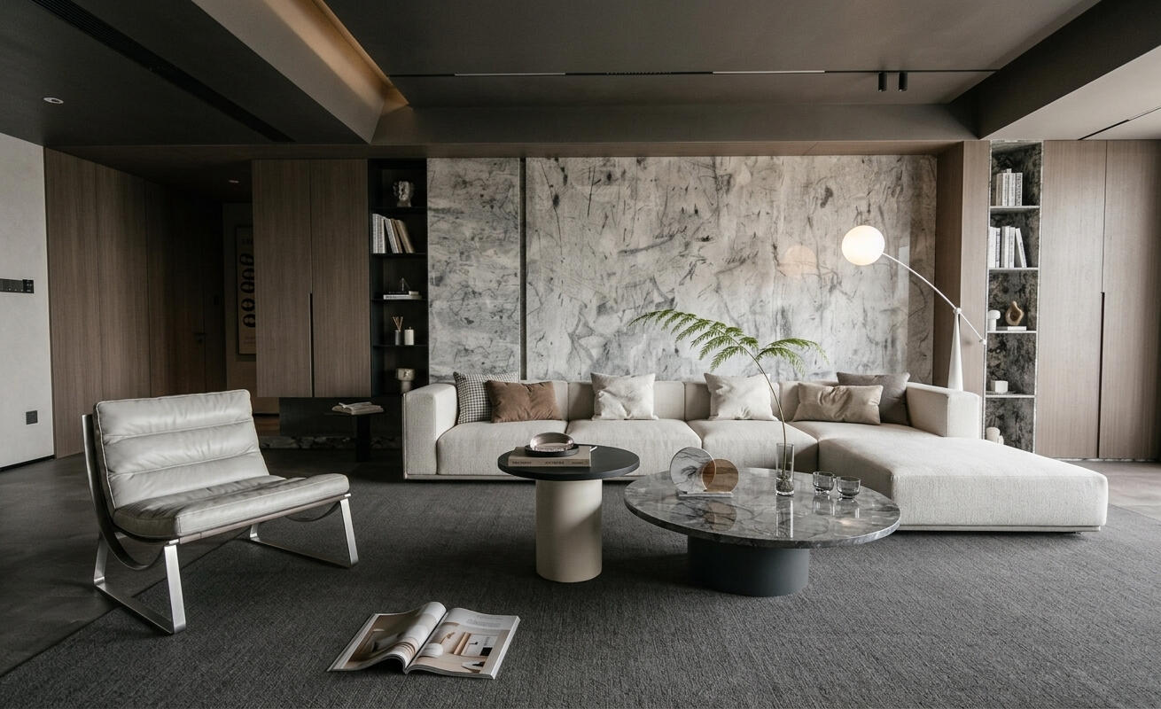 Contemporary Living Room Contemporary living room with marble and wood finishes — interior visualization by VAGANTIS RENDER